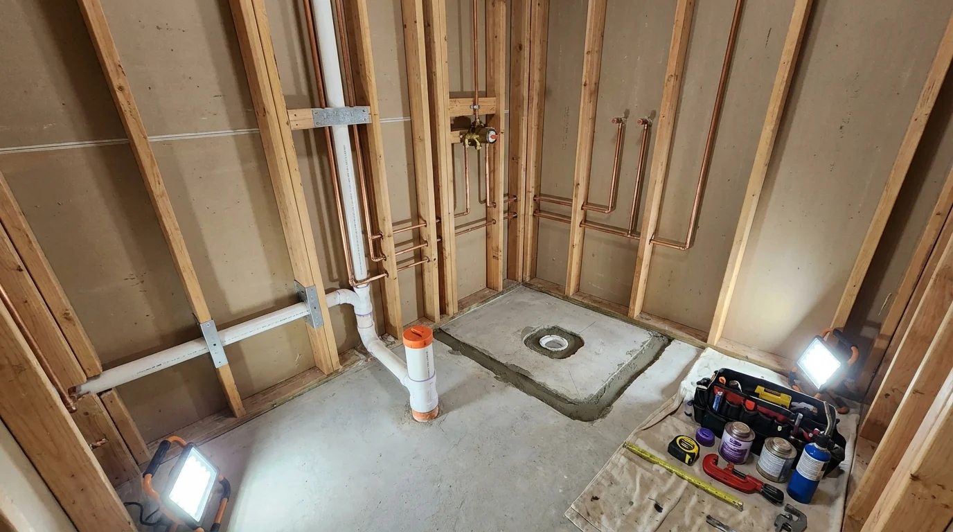 Bathroom rough-in plumbing during remodel by Johns Plumbing LLC in Granite