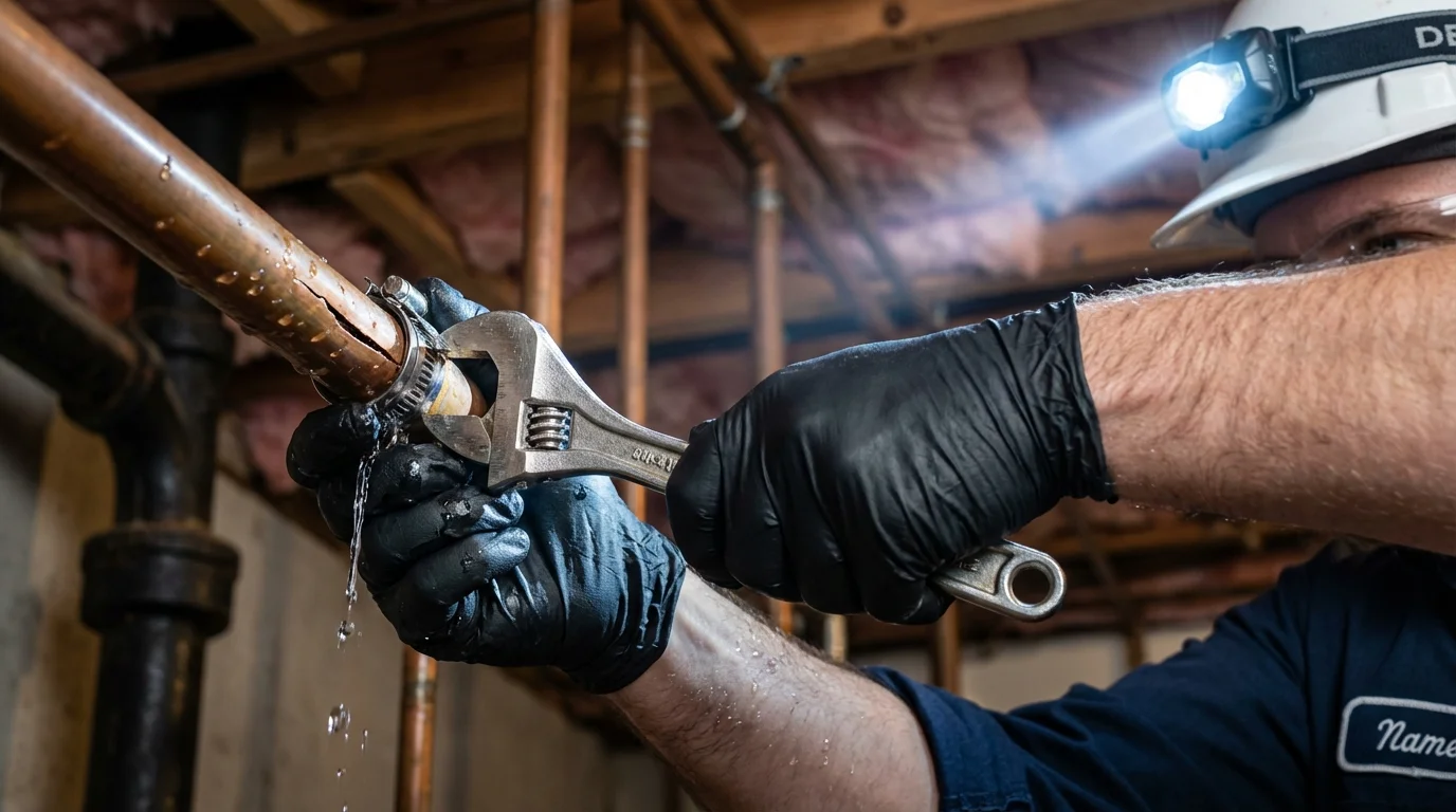 Emergency pipe clamp repair being performed by a Johns Plumbing LLC plumber in Granite