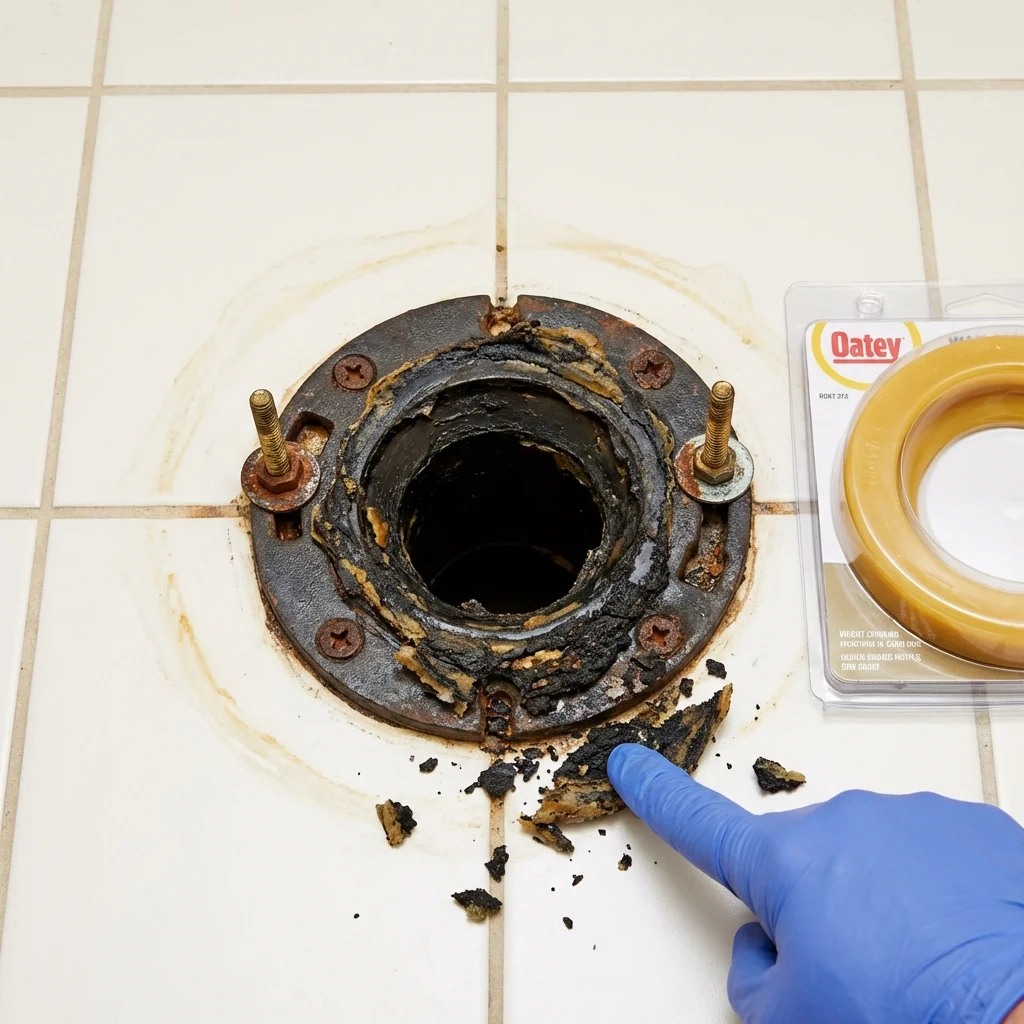 Failed wax ring showing water seepage at the base of a toilet in a Granite, OK home