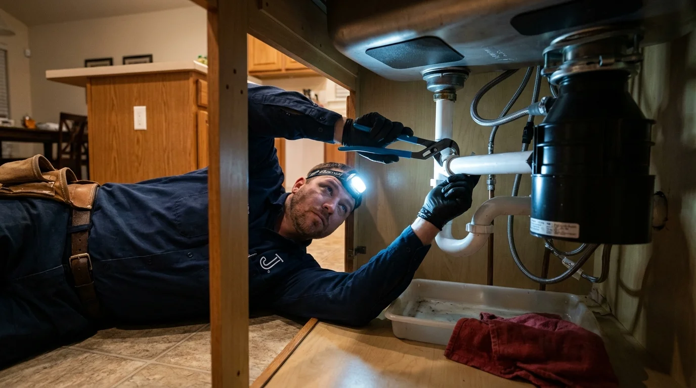 P-trap and supply line connections under a kitchen sink showing a common leak point in Granite, OK